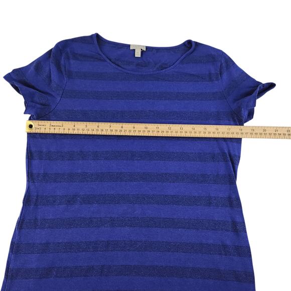 Blue Striped Shirt Womens PM Medium Petite Horizontal Sparkly Shimmer Cap Sleeve - Picture 9 of 12